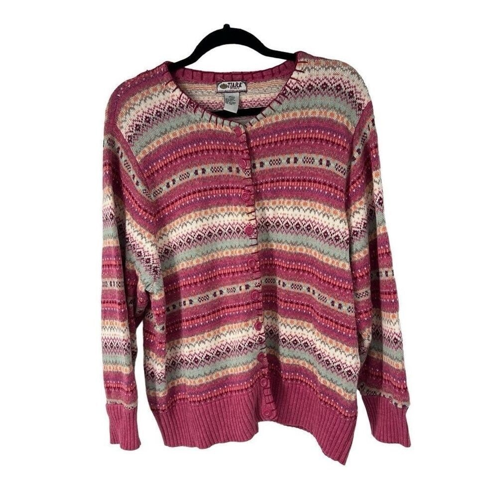 Tiara International Pink Fair Isle Button Up Cardigan Sweater 22 24 Womens